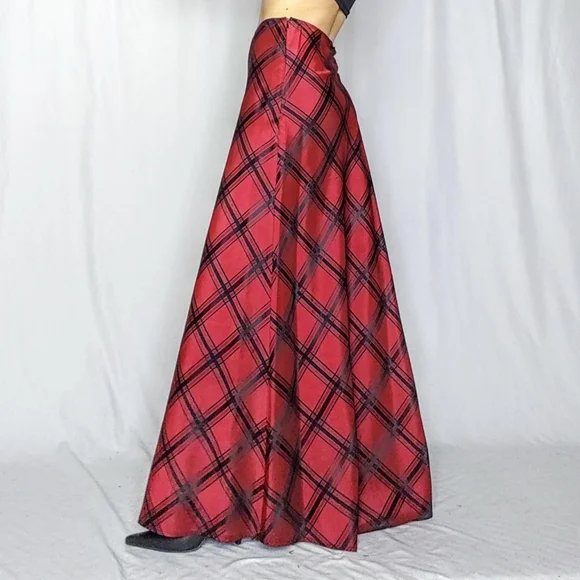 Blood red bias plaid formal maxi skirt - Picture 2 of 8